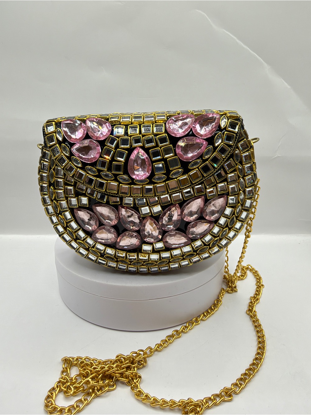 Kundan Embellished Pink Gemstone Mini Crossbody Metal Bag
